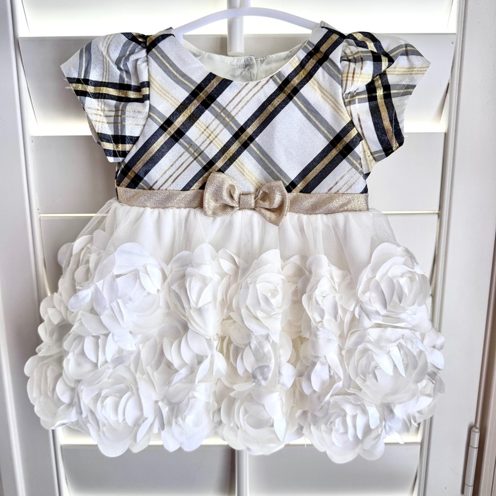 Nannette Baby Girl Holiday Plaid Rosette Party Dress Metallic‎ Gold White 0/3M